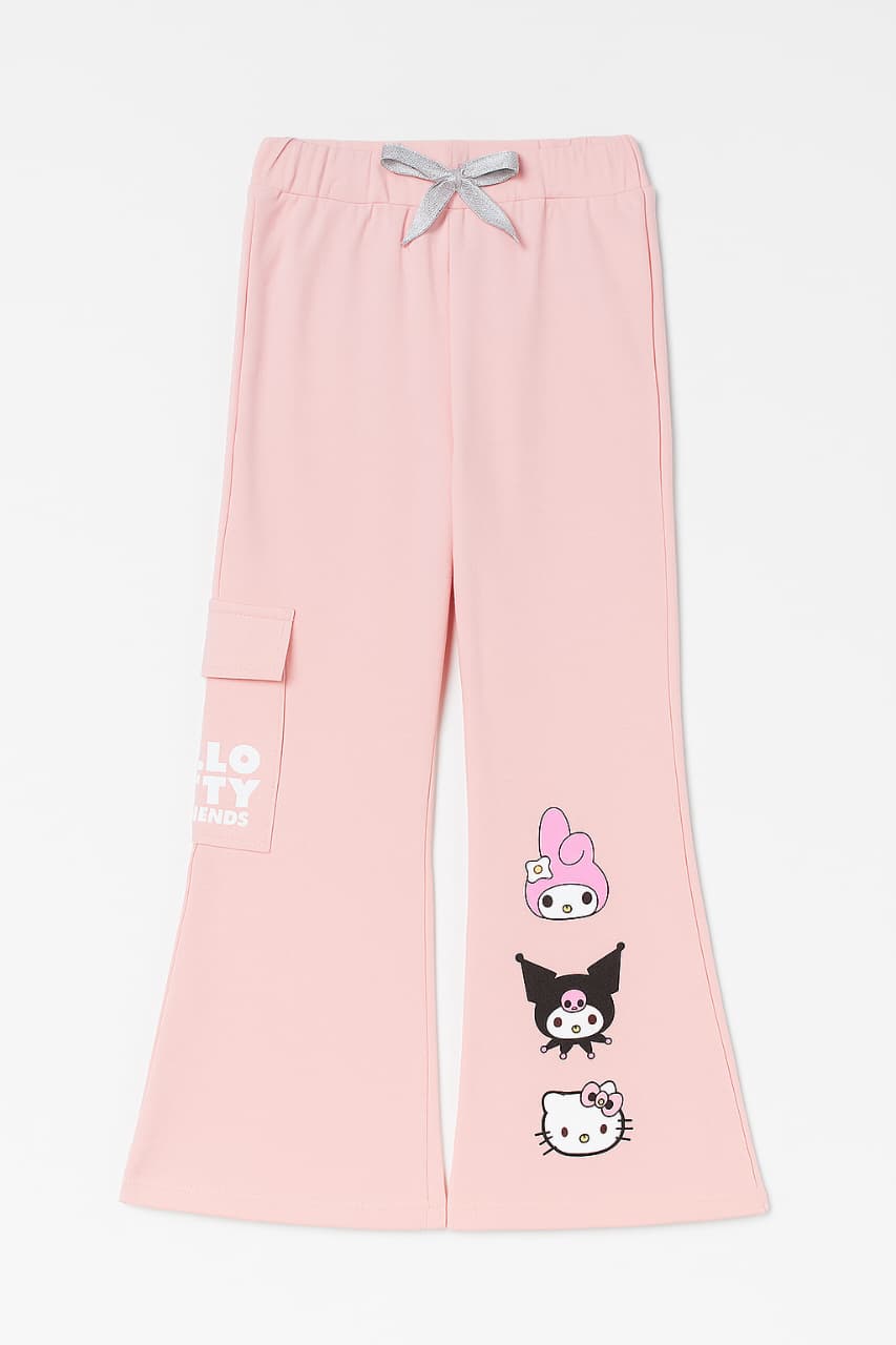 Girls hello kitty peach colour wide leg track pants with cargo pockets