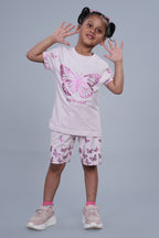 Girls Foil Printed co-ord set with half sleeves top and shorts light pink colour