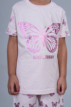 Girls Foil Printed co-ord set with half sleeves top and shorts light pink colour
