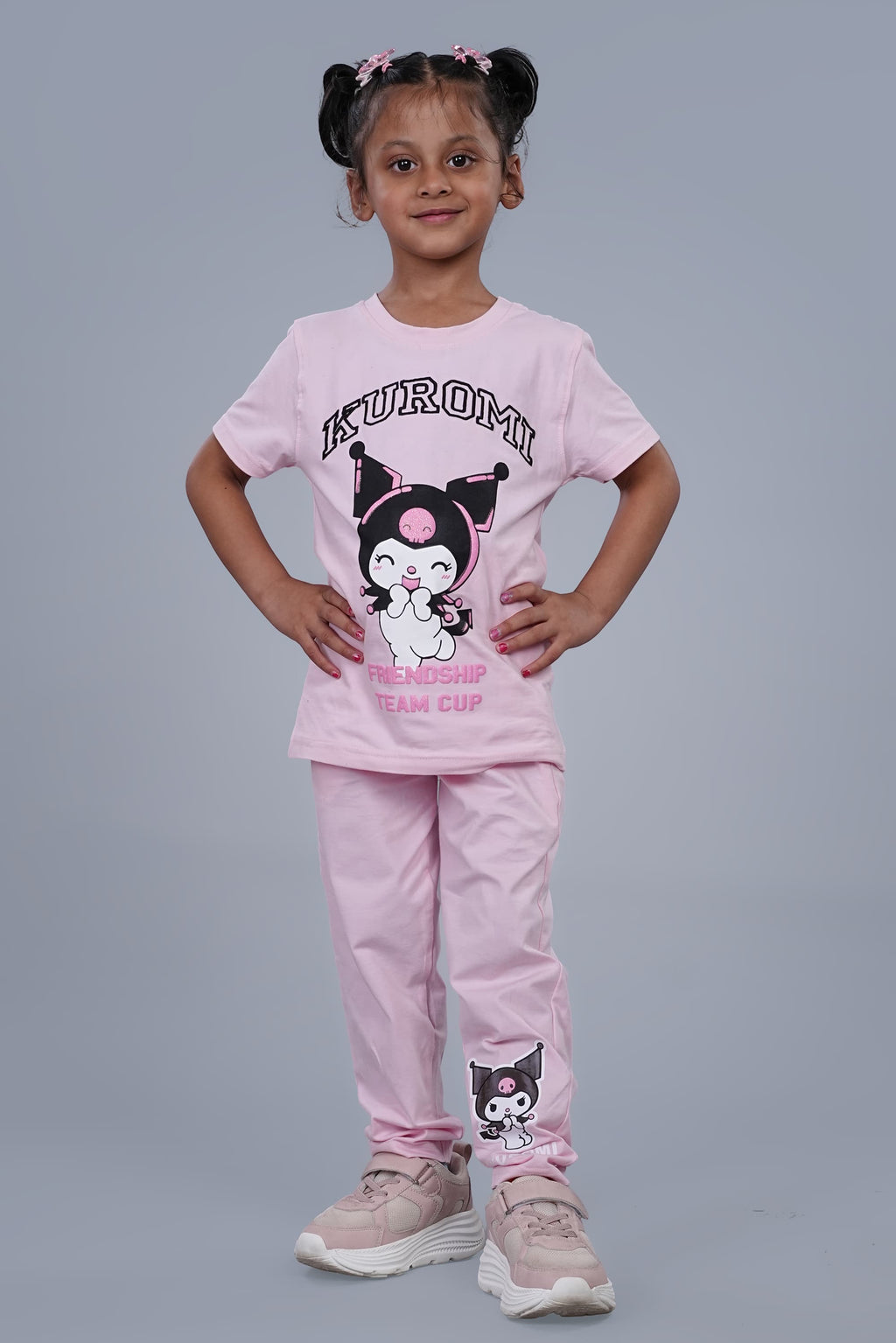 Kuromi Co-ord set for Girls with half sleeves top and pant pink colour