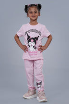 Kuromi Co-ord set for Girls with half sleeves top and pant pink colour