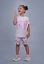 Girls Foil Printed co-ord set with half sleeves top and shorts light pink colour