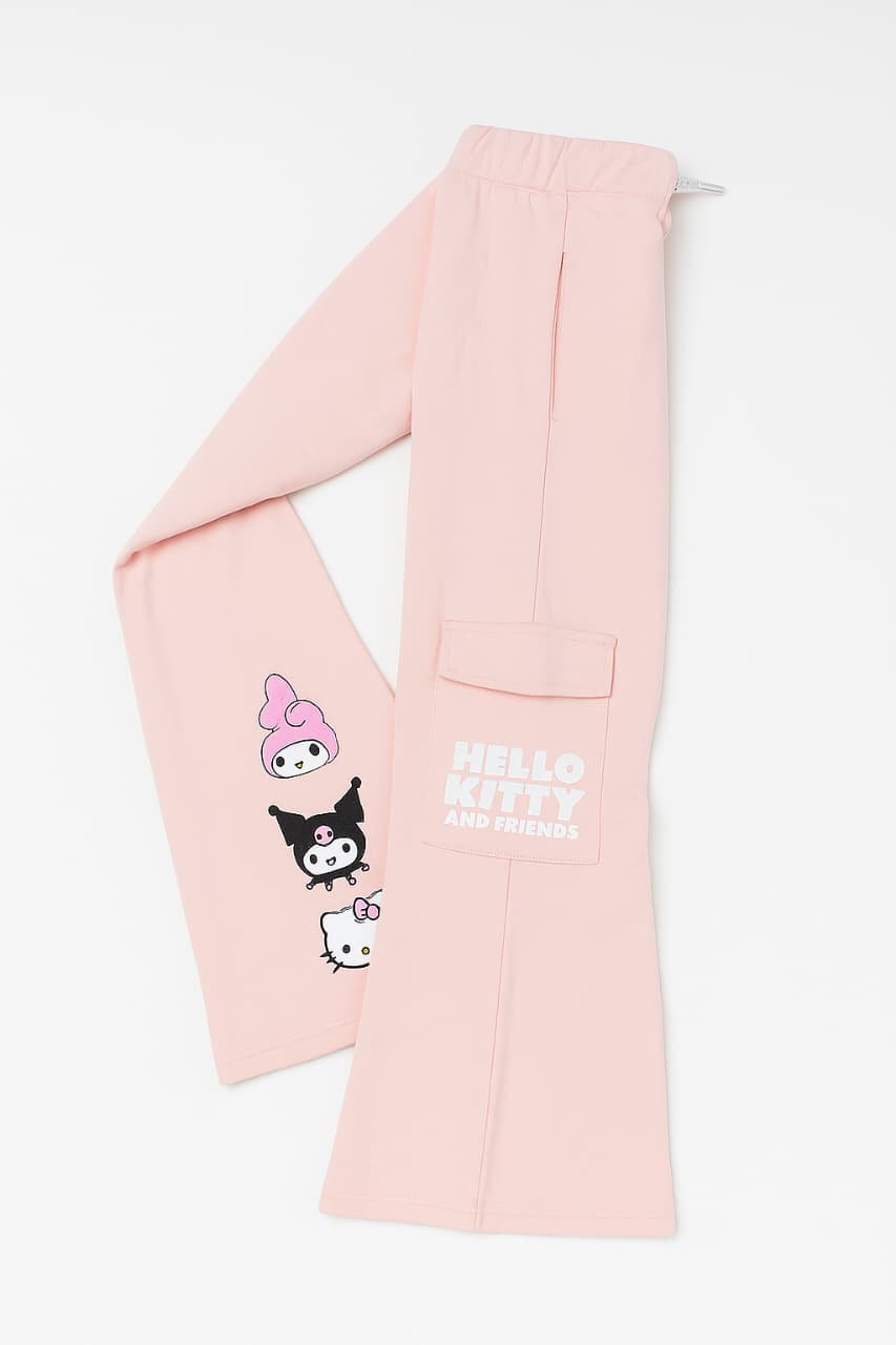 Girls hello kitty peach colour wide leg track pants with cargo pockets