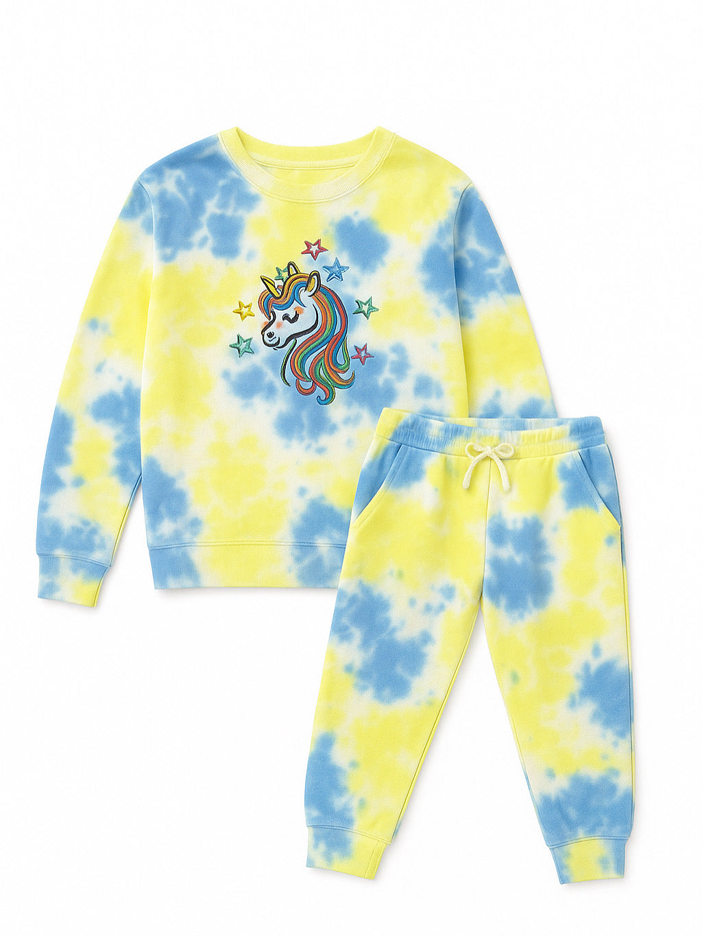 Girls Tie and Dye print with Unicorn Embroidery fleeced tracksuit
