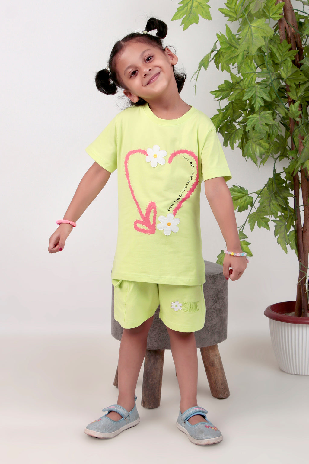 Girls co-ord set with half sleeves top and shorts , colour - pista green