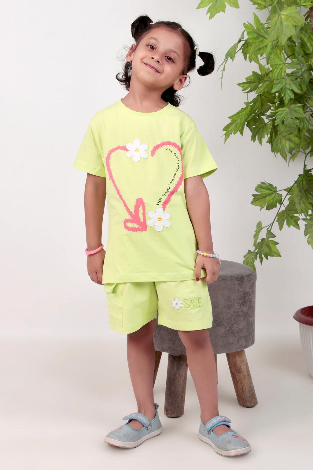 Girls co-ord set with half sleeves top and shorts , colour - pista green