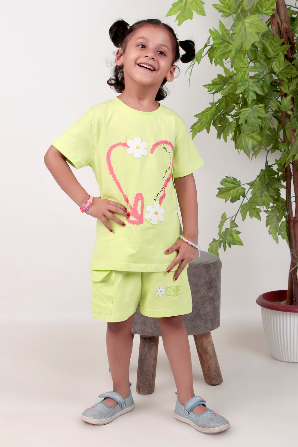Girls co-ord set with half sleeves top and shorts , colour - pista green