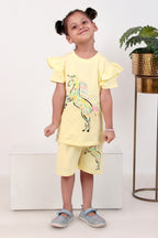 Girls Co-ord set with half sleeves top and shorts unicorn print yellow coloured
