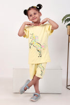 Girls Co-ord set with half sleeves top and shorts unicorn print yellow coloured