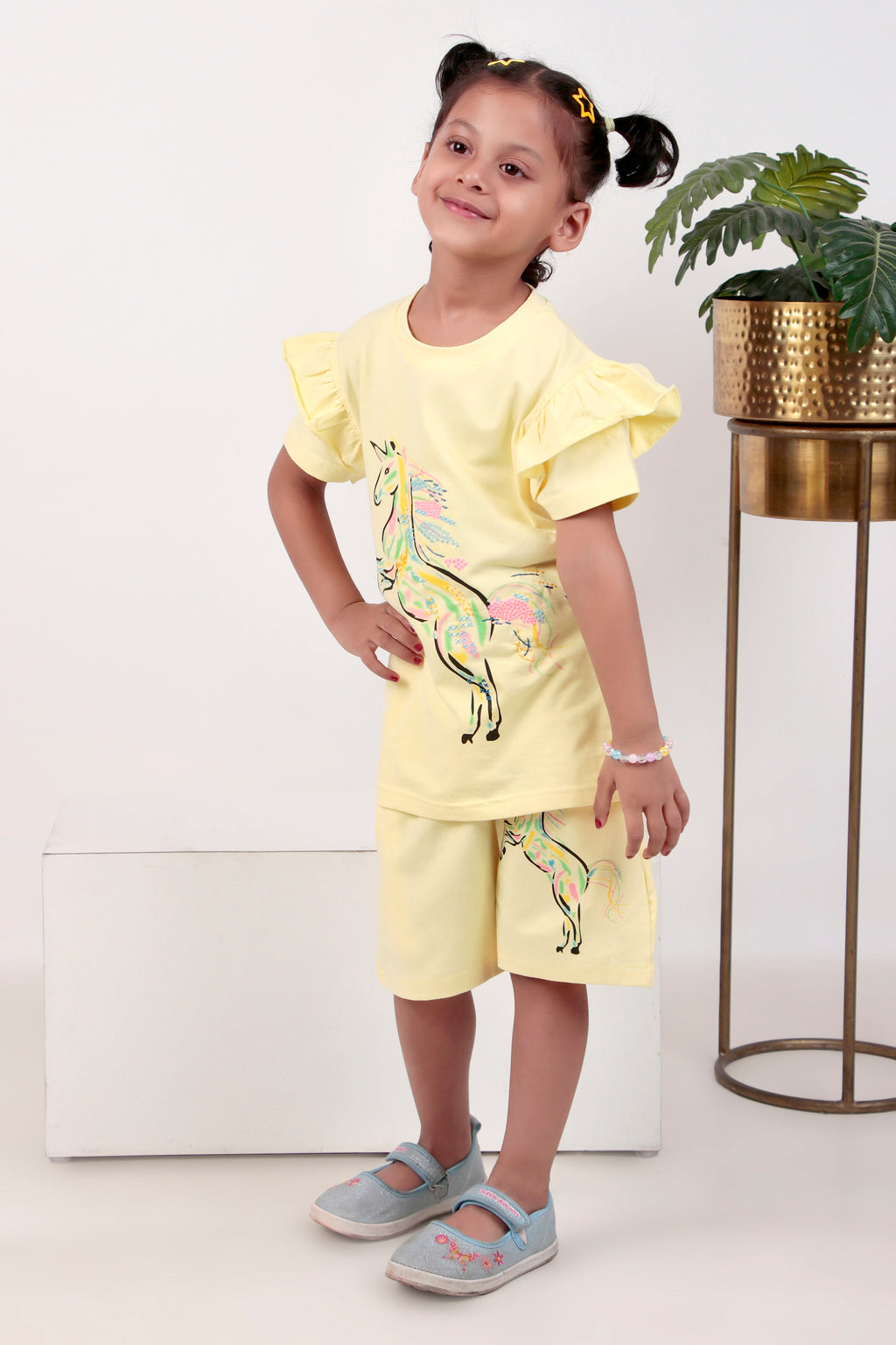 Girls Co-ord set with half sleeves top and shorts unicorn print yellow coloured