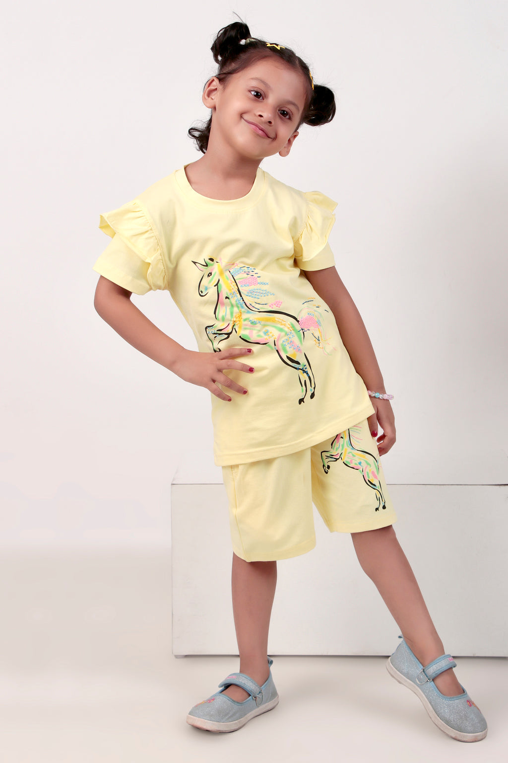 Girls Co-ord set with half sleeves top and shorts unicorn print yellow coloured