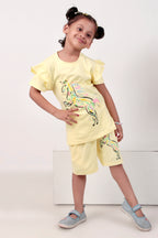 Girls Co-ord set with half sleeves top and shorts unicorn print yellow coloured