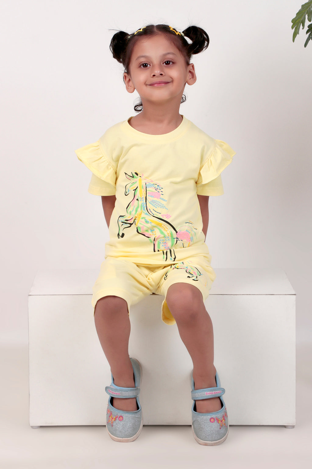 Girls Co-ord set with half sleeves top and shorts unicorn print yellow coloured