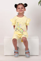Girls Co-ord set with half sleeves top and shorts unicorn print yellow coloured
