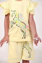 Girls Co-ord set with half sleeves top and shorts unicorn print yellow coloured