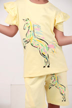 Girls Co-ord set with half sleeves top and shorts unicorn print yellow coloured