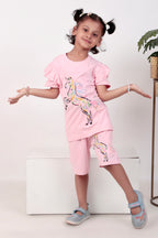 Girls half sleeves top and shorts Unicorn Printed Pink Colour Co-ord set