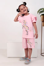 Girls half sleeves top and shorts Unicorn Printed Pink Colour Co-ord set