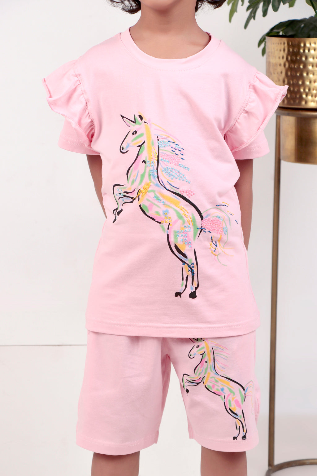 Girls half sleeves top and shorts Unicorn Printed Pink Colour Co-ord set