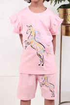 Girls half sleeves top and shorts Unicorn Printed Pink Colour Co-ord set