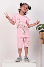 Girls half sleeves top and shorts Unicorn Printed Pink Colour Co-ord set